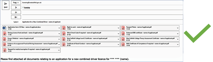 Example screen shot of a driver application email with all the documents attached correctly Example screen shot of a driver application email with all the documents attached correctly
