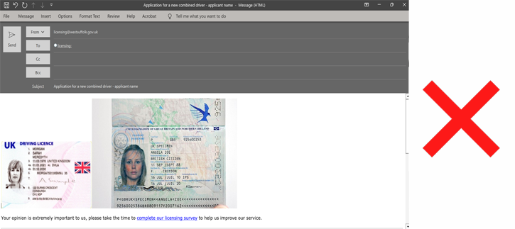 Example driver application email with embedded images of a driving licence and passport - which can’t be accepted.