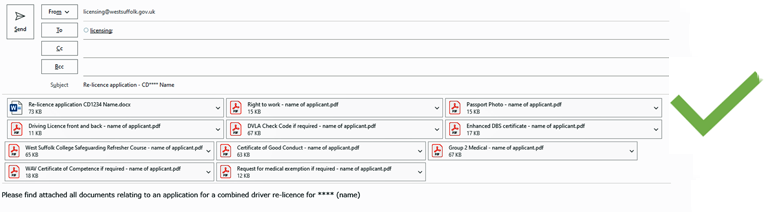 Example of driver re-licence application email with documents attached correctly.