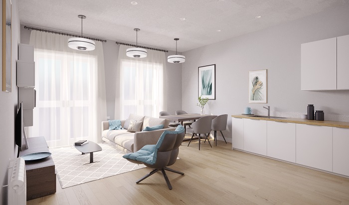 Living Area - Image courtesy of Bedfords Estate Agents CGI image showing how the inside of the new apartments at 17-18 Cornhill, Bury St Edmunds may look when completed and furnished