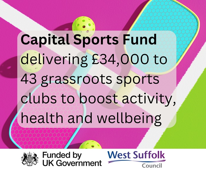 Pickleball bats, balls and a court. Capital Sports Fund delivering £34,000 to 43 grassroots sports clubs to boost activity, health and wellbeing, reads the text. The Funded by UK Government and West Suffolk Council logo feature Pickleball bats, balls and a court. Capital Sports Fund delivering £34,000 to 43 grassroots sports clubs to boost activity, health and wellbeing, reads the text. The Funded by UK Government and West Suffolk Council logo feature