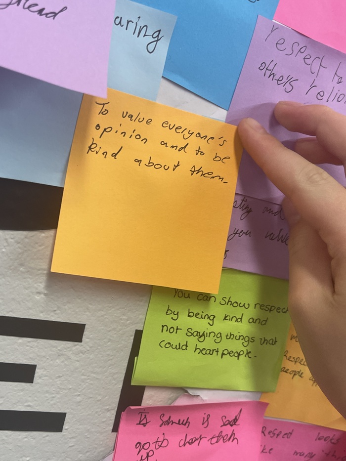 A session about respect and healthy relationships encouraged student to write their own ideas about what respect looks like. A session about respect and healthy relationships encouraged student to write their own ideas about what respect looks like.