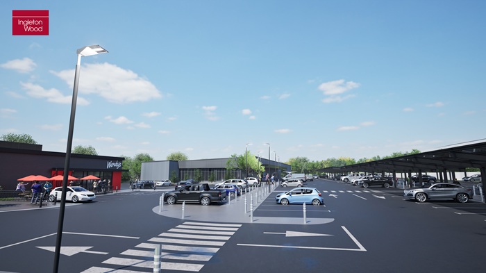 Rougham Hill Bury St Edmunds - a computer generated image showing what the new Wendy's drive through restaurant and Aldi supermarket could look like at a ground level view Rougham Hill Bury St Edmunds - a computer generated image showing what the new Wendy's drive through restaurant and Aldi supermarket could look like at a ground level view