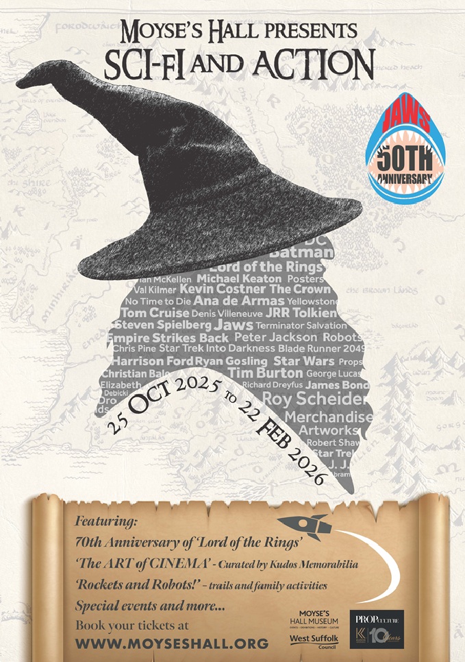 The image shows Gandalf's hat from Lord of the Rings. The text reads Moyse's Hall presents Sci-Fi and Action. There is also reference to the 50th anniversary of Jaws. The image shows Gandalf's hat from Lord of the Rings. The text reads Moyse's Hall presents Sci-Fi and Action. There is also reference to the 50th anniversary of Jaws.